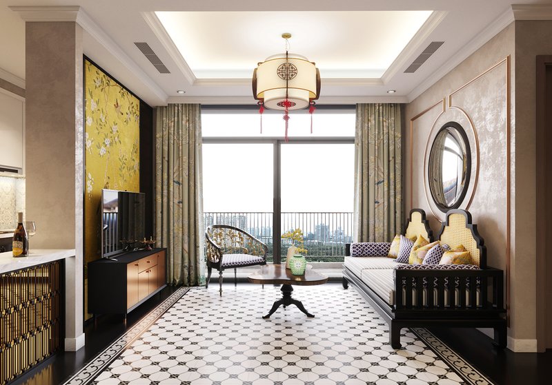 Thiết kế phòng khách ấn tượng với phong cách indochine độc đáo, gần gũi và ấm áp.